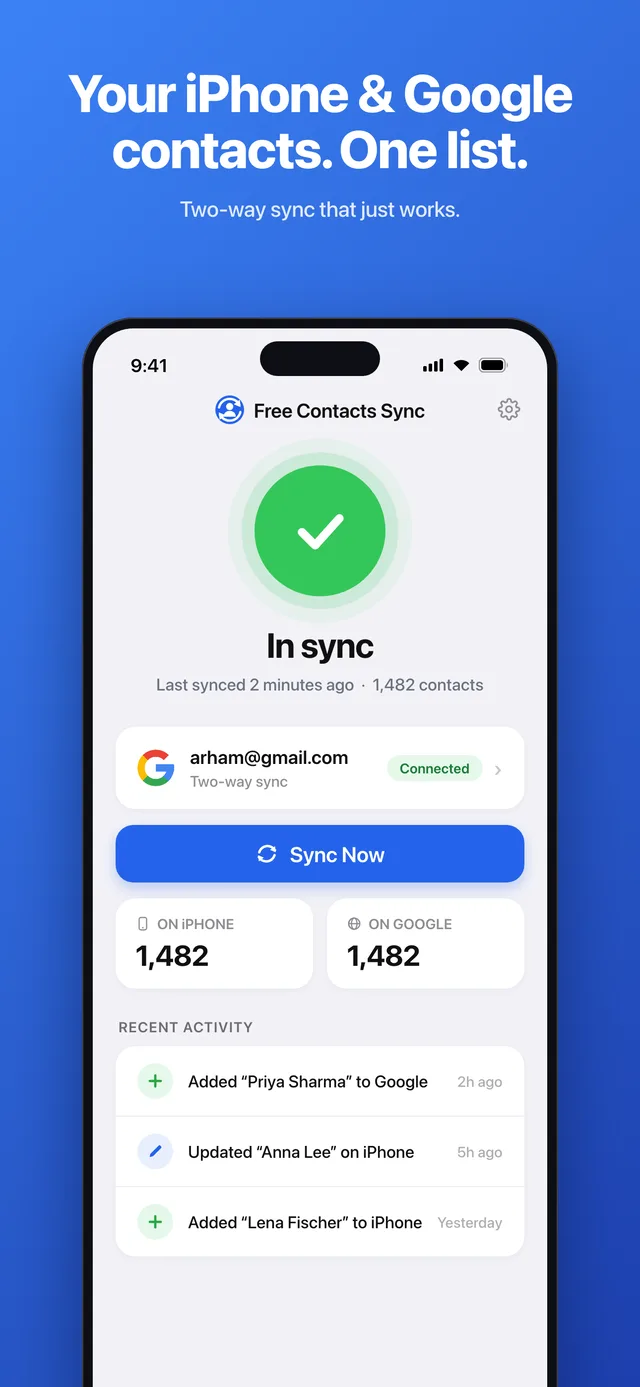 Sync Contacts for Google showing iPhone and Google contacts in sync